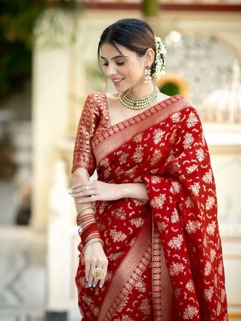 Red Soft Silk Jacquard All Over Work Saree | Sarees, Bollywood Sarees, Creative Sarees, Designer Sarees, Embroidered Sarees, Ethnic Saree, Modern Digital sarees, Party Wear Sarees