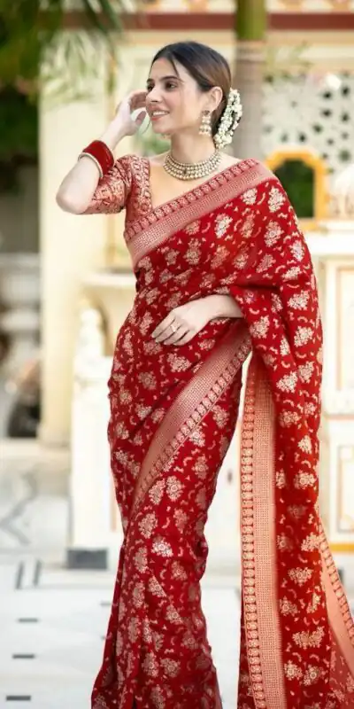 Red Soft Silk Jacquard All Over Work Saree | Sarees, Bollywood Sarees, Creative Sarees, Designer Sarees, Embroidered Sarees, Ethnic Saree, Modern Digital sarees, Party Wear Sarees