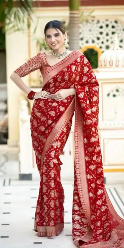 Red Soft Silk Jacquard All Over Work Saree | Sarees, Bollywood Sarees, Creative Sarees, Designer Sarees, Embroidered Sarees, Ethnic Saree, Modern Digital sarees, Party Wear Sarees