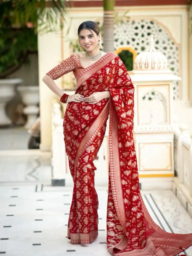 Red Soft Silk Jacquard All Over Work Saree | Sarees, Bollywood Sarees, Creative Sarees, Designer Sarees, Embroidered Sarees, Ethnic Saree, Modern Digital sarees, Party Wear Sarees