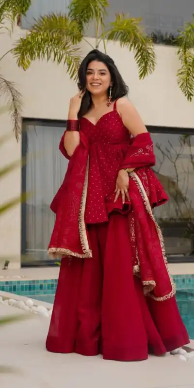Red Tabby Organza Lace Work Salwar Suit | Jump Suits, Salwar suit, Casual Suits, Creative suits, Designer Suits, Palazzo Suits, Party Wear Suits, Patiala Suits, Straight Suits