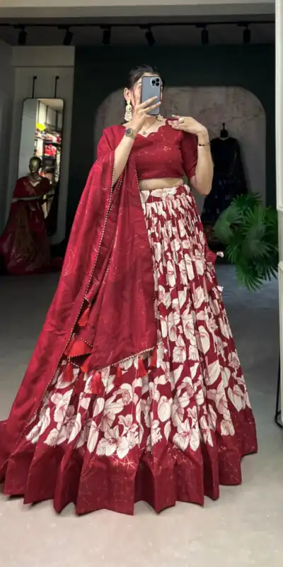 Red Tasar Silk Floral Print With Foil Print Lehenga Choli | Lehenga, Bollywood Lehenga, Creative Lehenga, Designer Lehenga, Embroidered Lehenga, Party Wear Lehenga