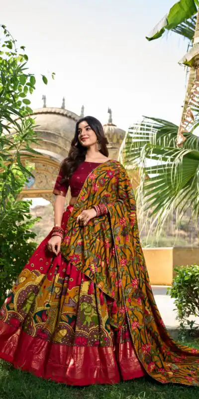 Red Tasar Silk With Gotta Patti Lehenga Choli | Lehenga, Bollywood Lehenga, Creative Lehenga, Designer Lehenga, Embroidered Lehenga, Party Wear Lehenga