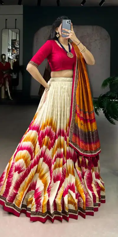 Red Taser Silk Printed Lehenga Choli | Lehenga, Bollywood Lehenga, Creative Lehenga, Designer Lehenga, Embroidered Lehenga, Party Wear Lehenga