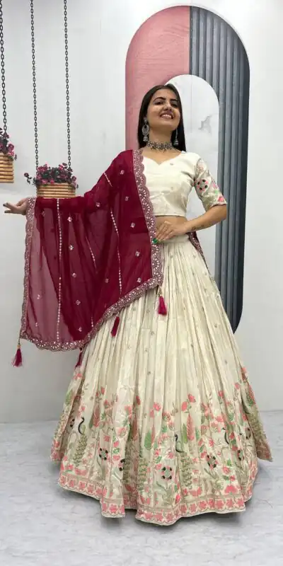 Red Tissue Silk Lace Thread Work Lehenga Choli | Lehenga, Bollywood Lehenga, Creative Lehenga, Designer Lehenga, Embroidered Lehenga, Party Wear Lehenga
