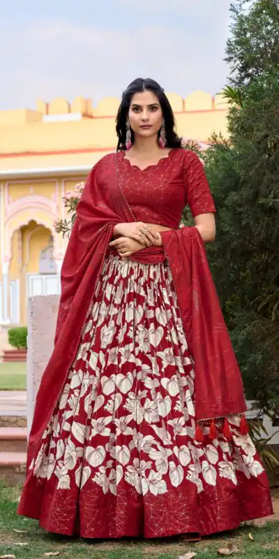 Red Tussar Silk Floral Foil Printed Lehenga Choli | Lehenga, Bollywood Lehenga, Creative Lehenga, Designer Lehenga, Embroidered Lehenga, Party Wear Lehenga