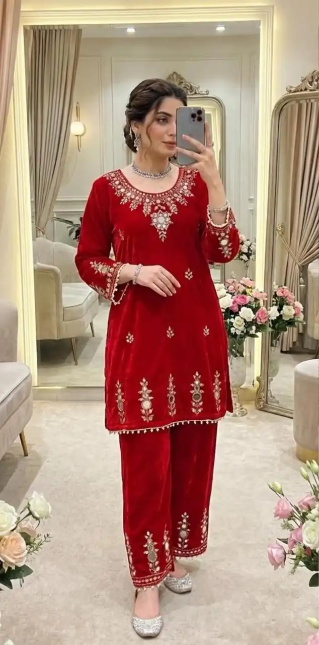 Red Velvet Embroidery Mirror Work Salwar Suit | Jump Suits, Salwar suit, Casual Suits, Creative suits, Designer Suits, Palazzo Suits, Party Wear Suits, Patiala Suits, Straight Suits