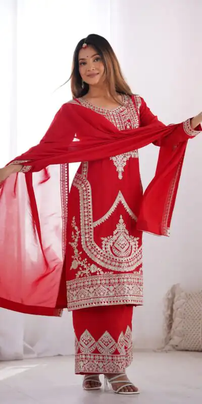Red Vichitra Silk Embroidery Sequence Salwar Suit | Jump Suits, Salwar suit, Casual Suits, Creative suits, Designer Suits, Palazzo Suits, Party Wear Suits, Patiala Suits, Straight Suits