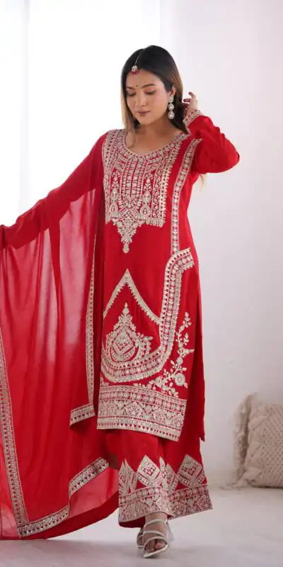 Red Vichitra Silk Embroidery Sequence Salwar Suit | Jump Suits, Salwar suit, Casual Suits, Creative suits, Designer Suits, Palazzo Suits, Party Wear Suits, Patiala Suits, Straight Suits