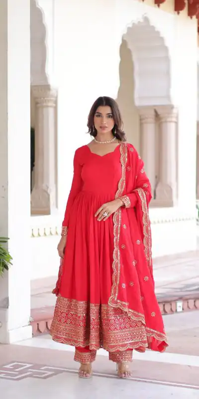 Red Vichitra Silk Embroidery Sequins Work Gown | Gowns, Bollywood Gowns, Creative Gowns, Designer Gowns, Embroidered Gowns, Party Wear Gowns
