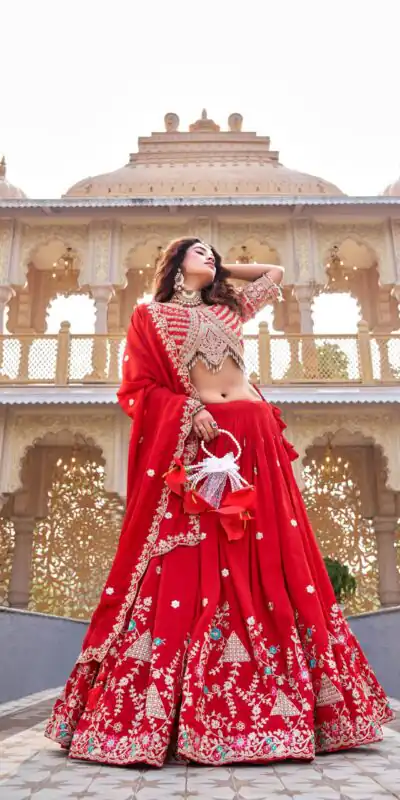 Red Vichitra Silk Thread Embroider Work Lehenga Choli | Lehenga, Bollywood Lehenga, Creative Lehenga, Designer Lehenga, Embroidered Lehenga, Party Wear Lehenga