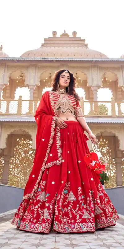 Red Vichitra Silk Thread Embroider Work Lehenga Choli | Lehenga, Bollywood Lehenga, Creative Lehenga, Designer Lehenga, Embroidered Lehenga, Party Wear Lehenga