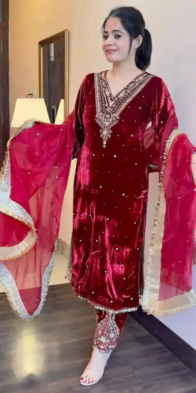 Red Viscos Velvet Thread Rivet Moti Salwar Suit | Jump Suits, Tops & Bottoms, Track Suits, Salwar suit, Casual Suits, Creative suits, Designer Suits, Palazzo Suits, Party Wear Suits, Patiala Suits, Straight Suits, Trendy Wear