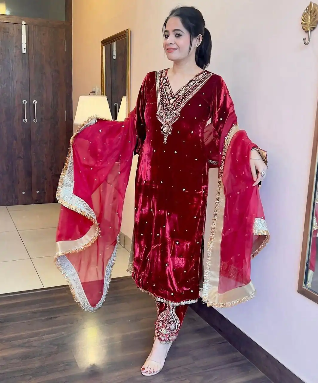 Red Viscos Velvet Thread Rivet Moti Salwar Suit | Jump Suits, Tops & Bottoms, Track Suits, Salwar suit, Casual Suits, Creative suits, Designer Suits, Palazzo Suits, Party Wear Suits, Patiala Suits, Straight Suits, Trendy Wear