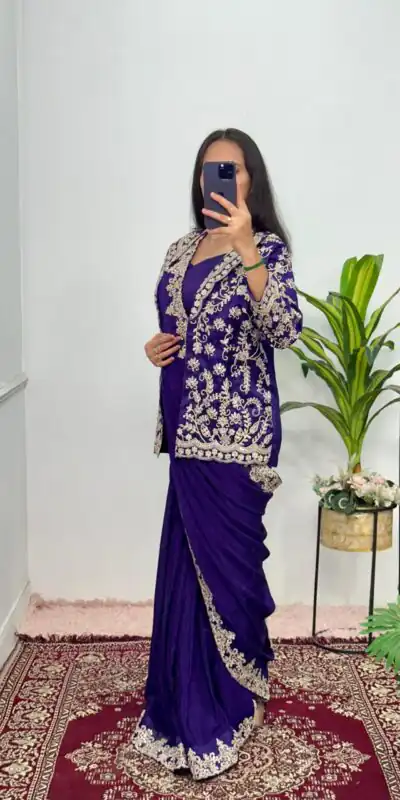 Royal Blue Chinon Embroidery Work Koti And Saree | Sarees, Bollywood Sarees, Creative Sarees, Designer Sarees, Embroidered Sarees, Ethnic Saree, Modern Digital sarees, Party Wear Sarees