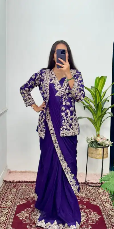 Royal Blue Chinon Embroidery Work Koti And Saree | Sarees, Bollywood Sarees, Creative Sarees, Designer Sarees, Embroidered Sarees, Ethnic Saree, Modern Digital sarees, Party Wear Sarees