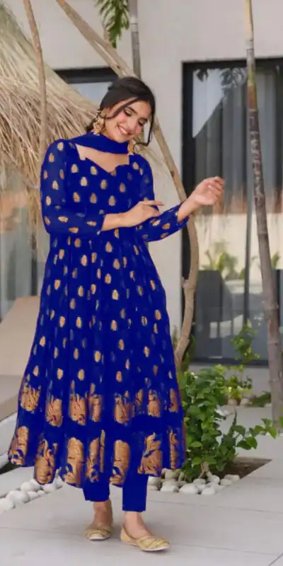 Royal Blue Faux Georgette Embroidery Work Gown | Gowns, Bollywood Gowns, Creative Gowns, Designer Gowns, Embroidered Gowns, Party Wear Gowns