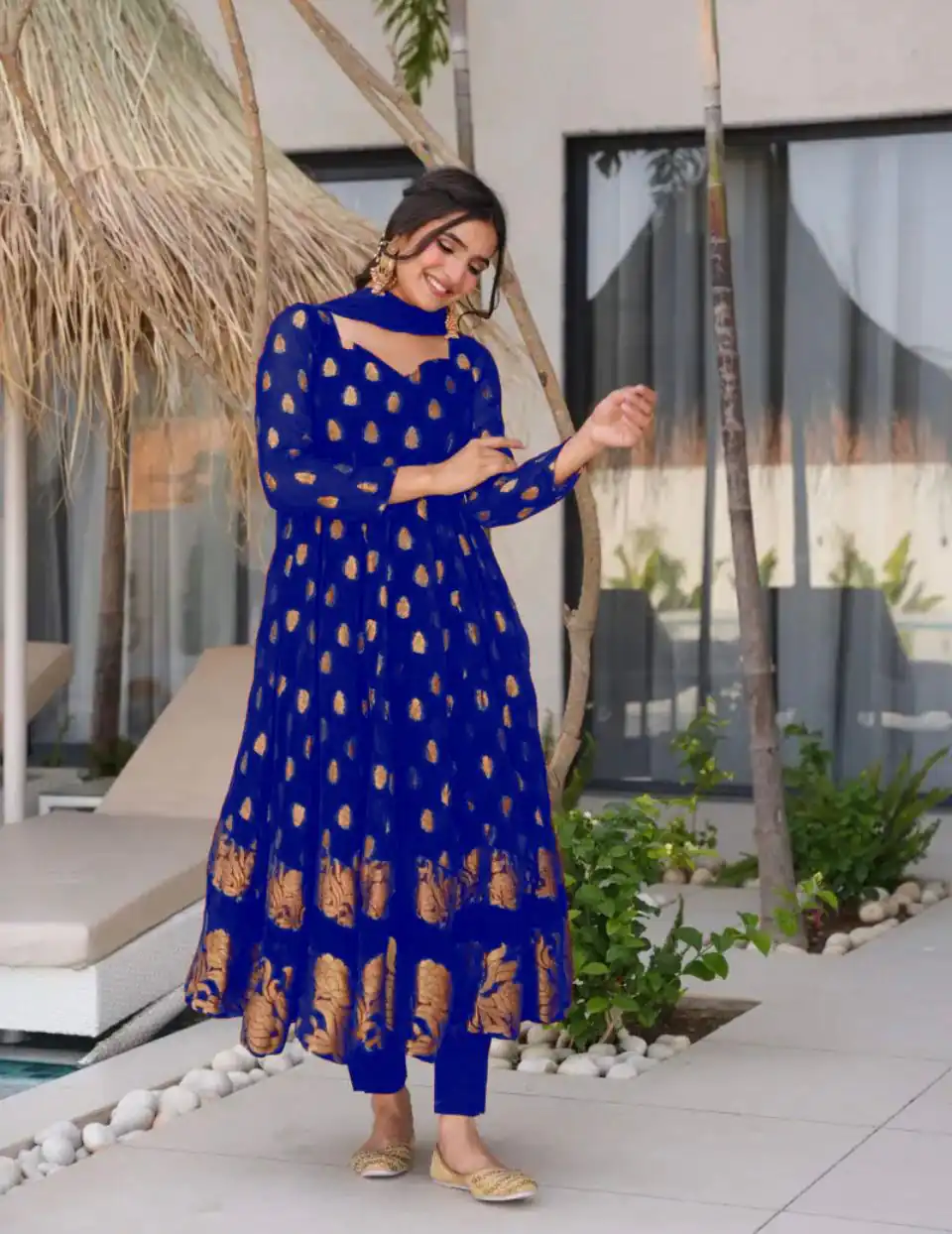 Royal Blue Faux Georgette Embroidery Work Gown | Gowns, Bollywood Gowns, Creative Gowns, Designer Gowns, Embroidered Gowns, Party Wear Gowns