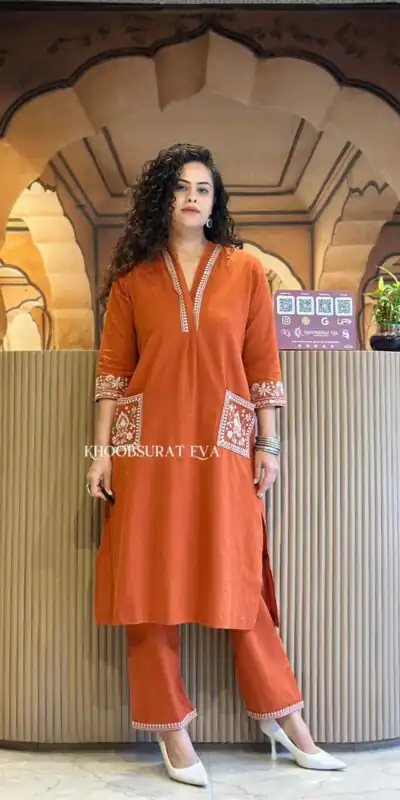 Rust Cambric Cotton Embroidery Lace Work Kurti | Kurti, Bollywood Kurti, Creative Kurtis, Designer Kurti, Party Wear Kurti, Selfie Kurti