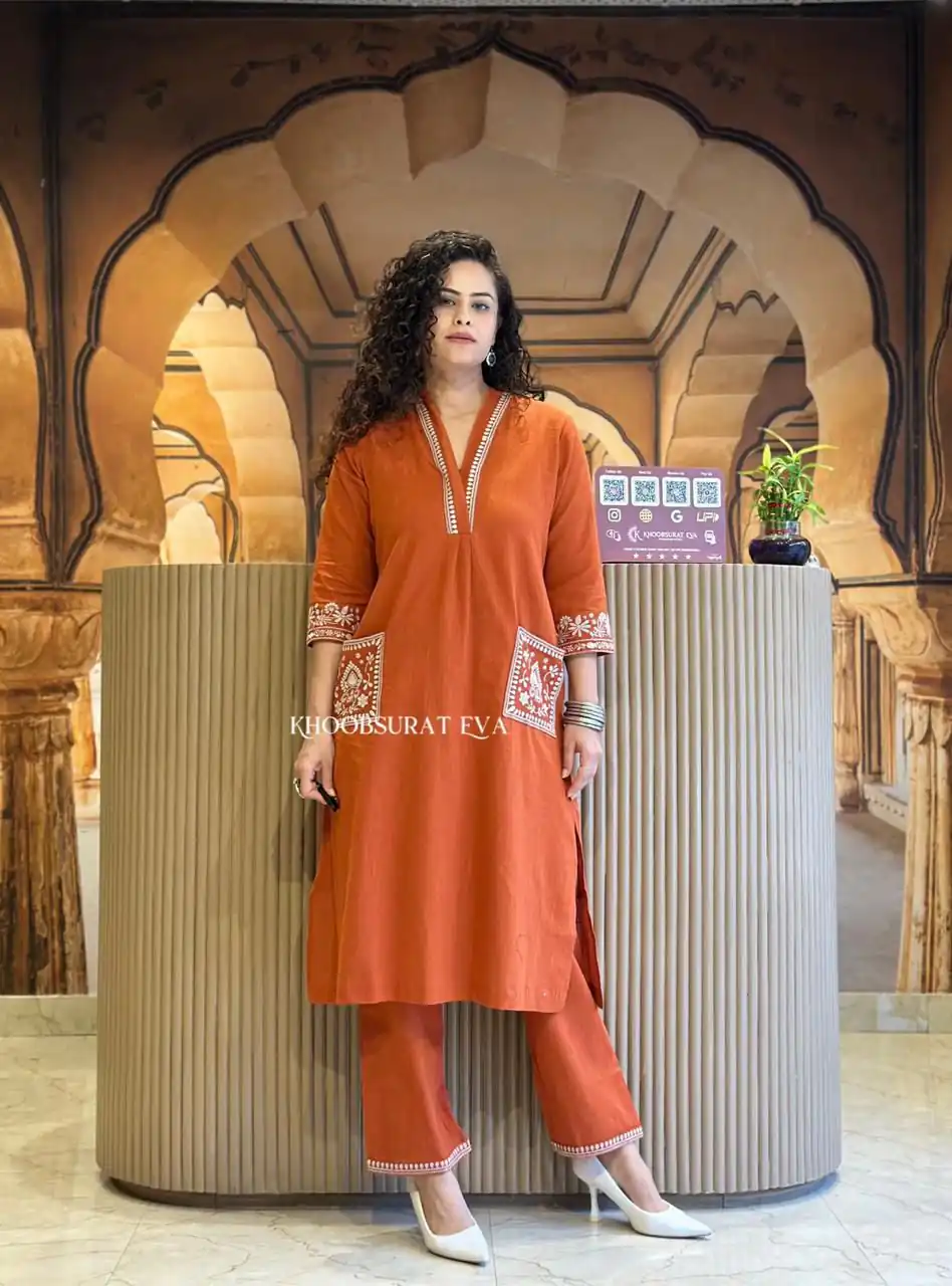 Rust Cambric Cotton Embroidery Lace Work Kurti | Kurti, Bollywood Kurti, Creative Kurtis, Designer Kurti, Party Wear Kurti, Selfie Kurti