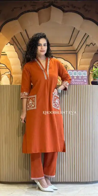 Rust Cambric Cotton Embroidery Lace Work Kurti | Kurti, Bollywood Kurti, Creative Kurtis, Designer Kurti, Party Wear Kurti, Selfie Kurti