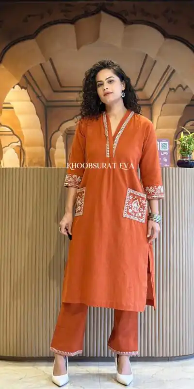 Rust Cambric Cotton Embroidery Lace Work Kurti | Kurti, Bollywood Kurti, Creative Kurtis, Designer Kurti, Party Wear Kurti, Selfie Kurti