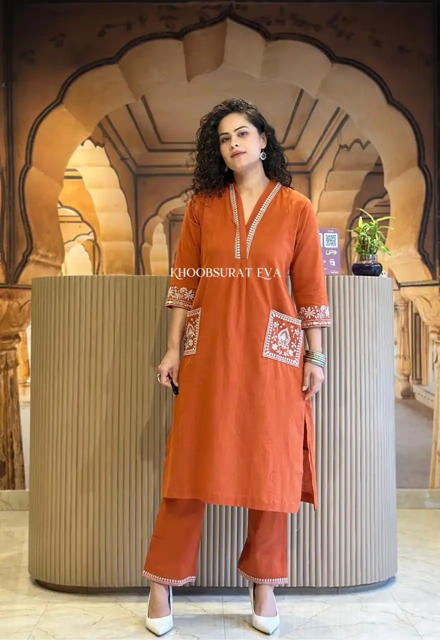 Rust Cambric Cotton Embroidery Lace Work Kurti | Kurti, Bollywood Kurti, Creative Kurtis, Designer Kurti, Party Wear Kurti, Selfie Kurti