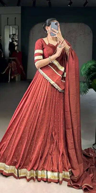 Rust Chanderi Lace Zari Work Lehenga Choli | Lehenga, Bollywood Lehenga, Creative Lehenga, Designer Lehenga, Embroidered Lehenga, Party Wear Lehenga