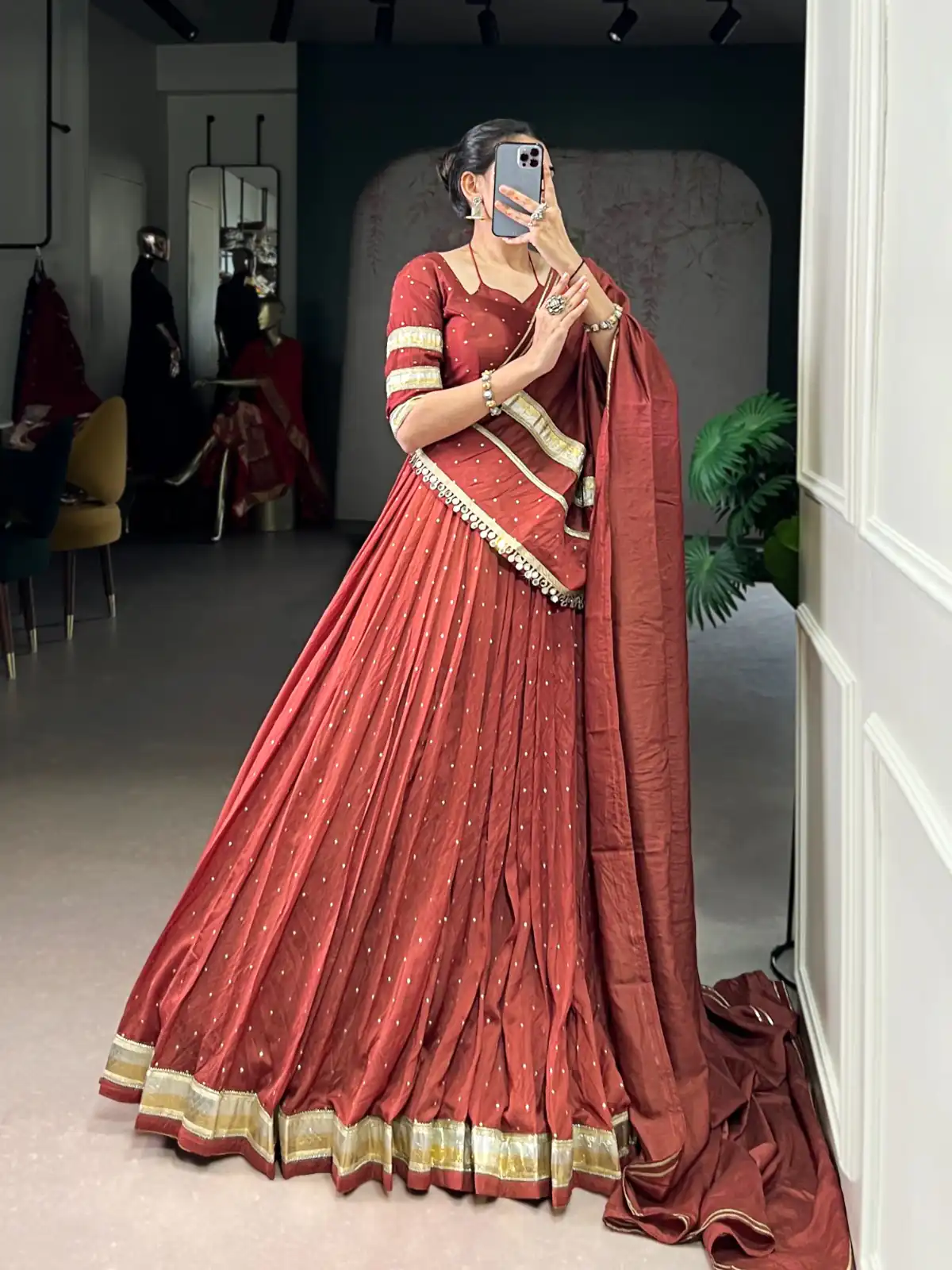 Rust Chanderi Lace Zari Work Lehenga Choli | Lehenga, Bollywood Lehenga, Creative Lehenga, Designer Lehenga, Embroidered Lehenga, Party Wear Lehenga