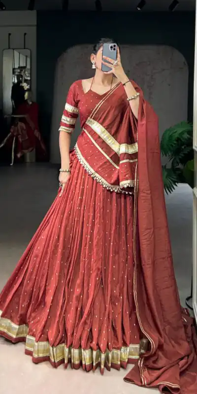 Rust Chanderi Lace Zari Work Lehenga Choli | Lehenga, Bollywood Lehenga, Creative Lehenga, Designer Lehenga, Embroidered Lehenga, Party Wear Lehenga