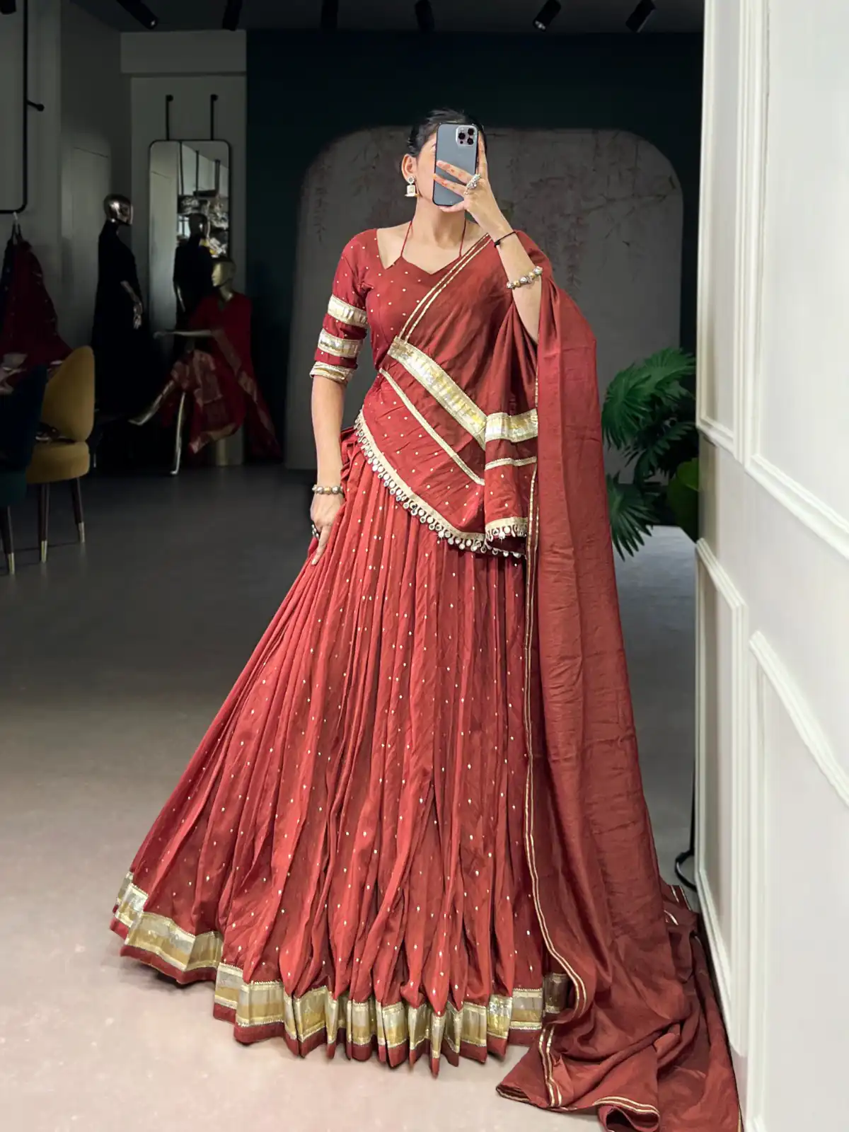 Rust Chanderi Lace Zari Work Lehenga Choli | Lehenga, Bollywood Lehenga, Creative Lehenga, Designer Lehenga, Embroidered Lehenga, Party Wear Lehenga