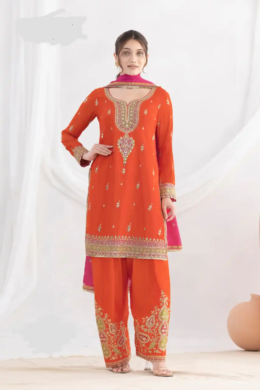 Rust Chinon Embroidery Mirror Work Salwar Suit | Jump Suits, Tops & Bottoms, Track Suits, Salwar suit, Casual Suits, Creative suits, Designer Suits, Palazzo Suits, Party Wear Suits, Patiala Suits, Straight Suits, Trendy Wear
