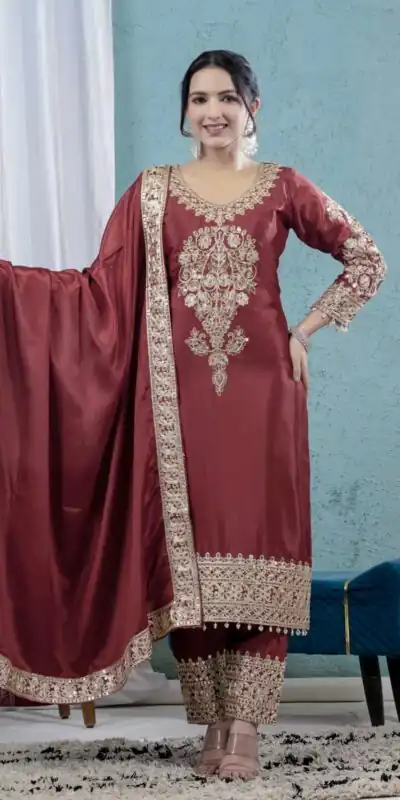 Rust Chinon Silk Lace Embroidery Work Salwar Suit | Jump Suits, Salwar suit, Casual Suits, Creative suits, Designer Suits, Palazzo Suits, Party Wear Suits, Patiala Suits, Straight Suits