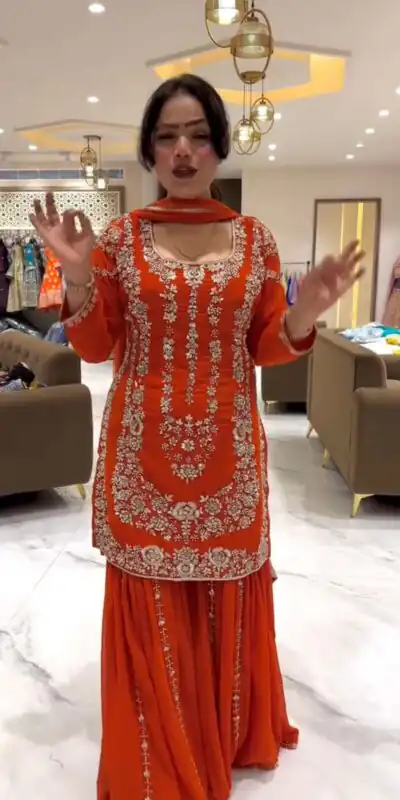 Rust Faux Georgette Lace Work Salwar Suit | Jump Suits, Salwar suit, Casual Suits, Creative suits, Designer Suits, Palazzo Suits, Party Wear Suits, Patiala Suits, Straight Suits