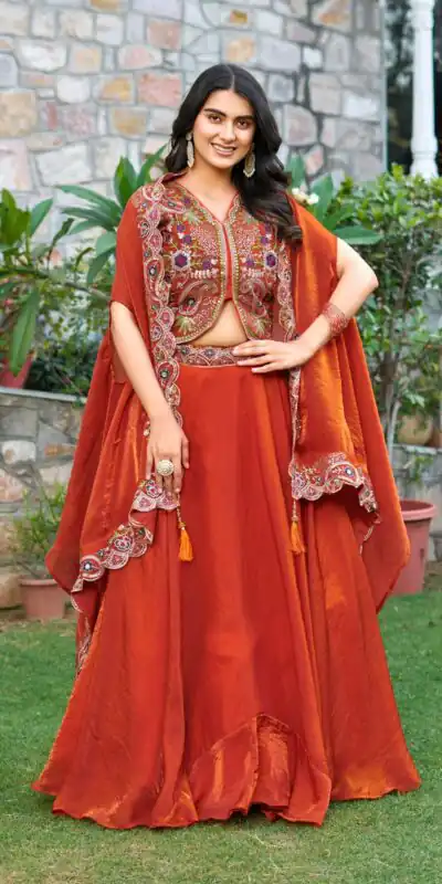 Rust Fendy Silk Embroidery Work Lehenga Choli | Lehenga, Bollywood Lehenga, Creative Lehenga, Designer Lehenga, Embroidered Lehenga, Party Wear Lehenga