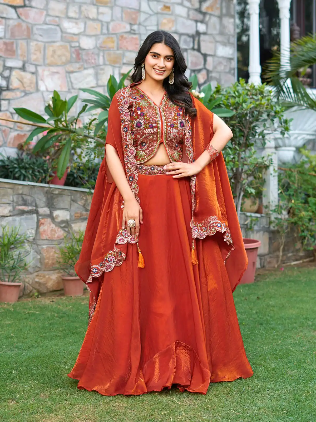 Rust Fendy Silk Embroidery Work Lehenga Choli | Lehenga, Bollywood Lehenga, Creative Lehenga, Designer Lehenga, Embroidered Lehenga, Party Wear Lehenga