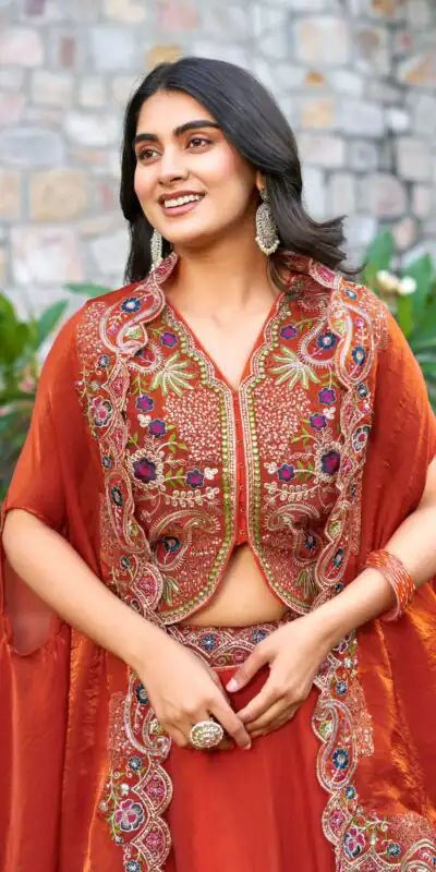 Rust Fendy Silk Embroidery Work Lehenga Choli | Lehenga, Bollywood Lehenga, Creative Lehenga, Designer Lehenga, Embroidered Lehenga, Party Wear Lehenga