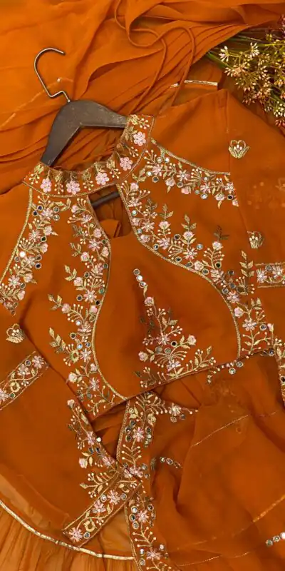 Rust Georgette Embroidery Lehenga Saree | Lehenga, Bollywood Lehenga, Creative Lehenga, Designer Lehenga, Embroidered Lehenga, Party Wear Lehenga