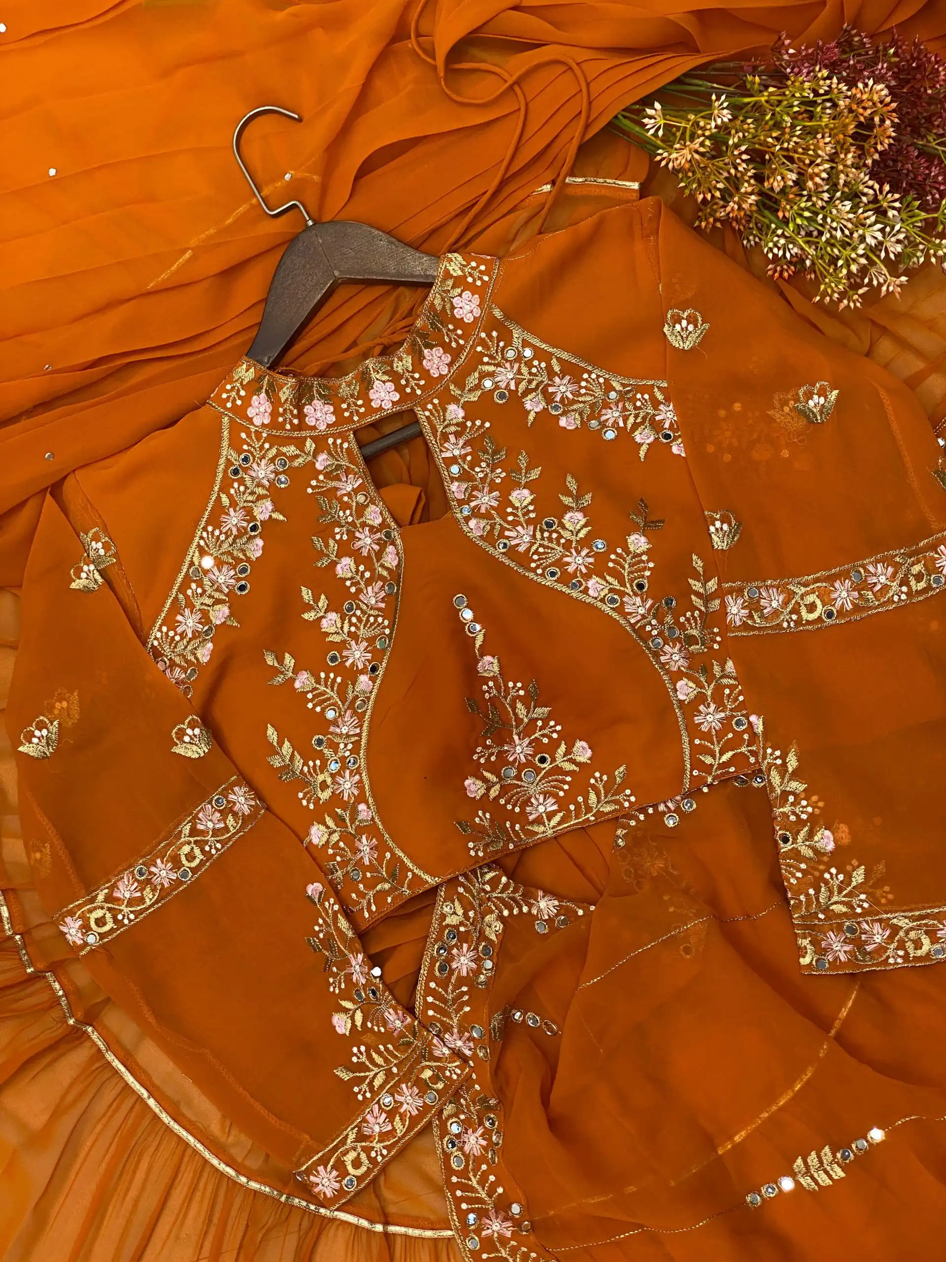 Rust Georgette Embroidery Lehenga Saree | Lehenga, Bollywood Lehenga, Creative Lehenga, Designer Lehenga, Embroidered Lehenga, Party Wear Lehenga