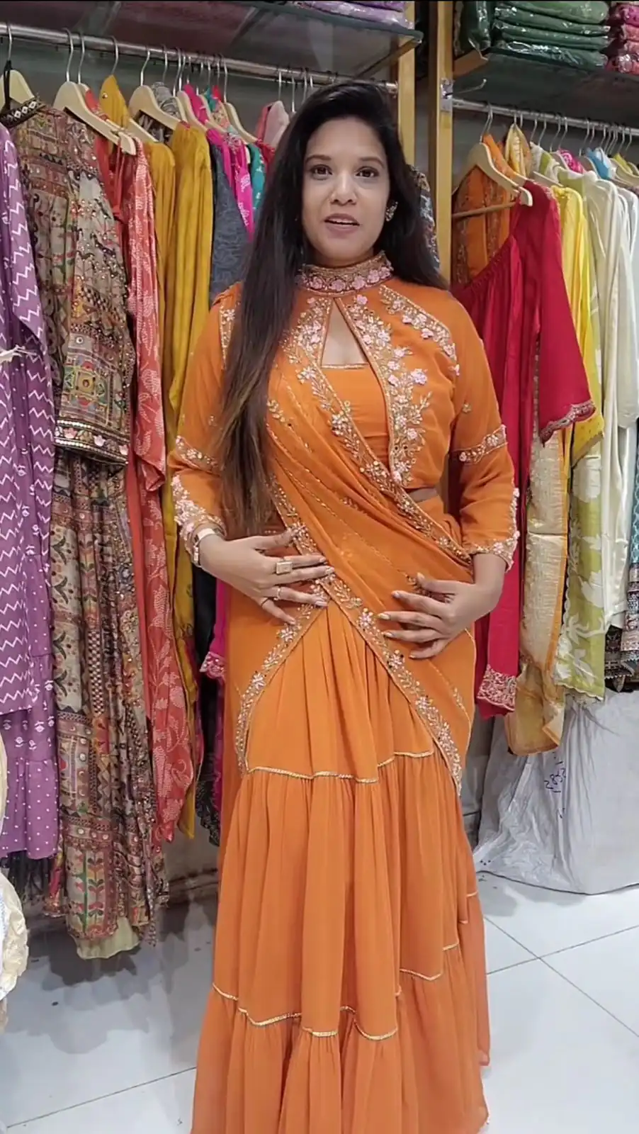 Rust Georgette Embroidery Lehenga Saree | Lehenga, Bollywood Lehenga, Creative Lehenga, Designer Lehenga, Embroidered Lehenga, Party Wear Lehenga