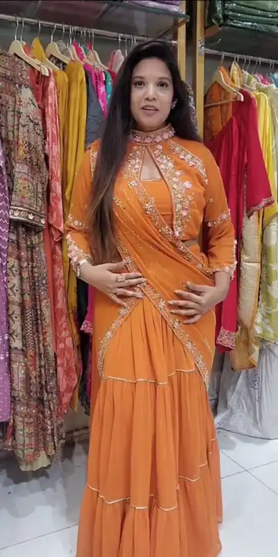 Rust Georgette Embroidery Lehenga Saree | Lehenga, Bollywood Lehenga, Creative Lehenga, Designer Lehenga, Embroidered Lehenga, Party Wear Lehenga