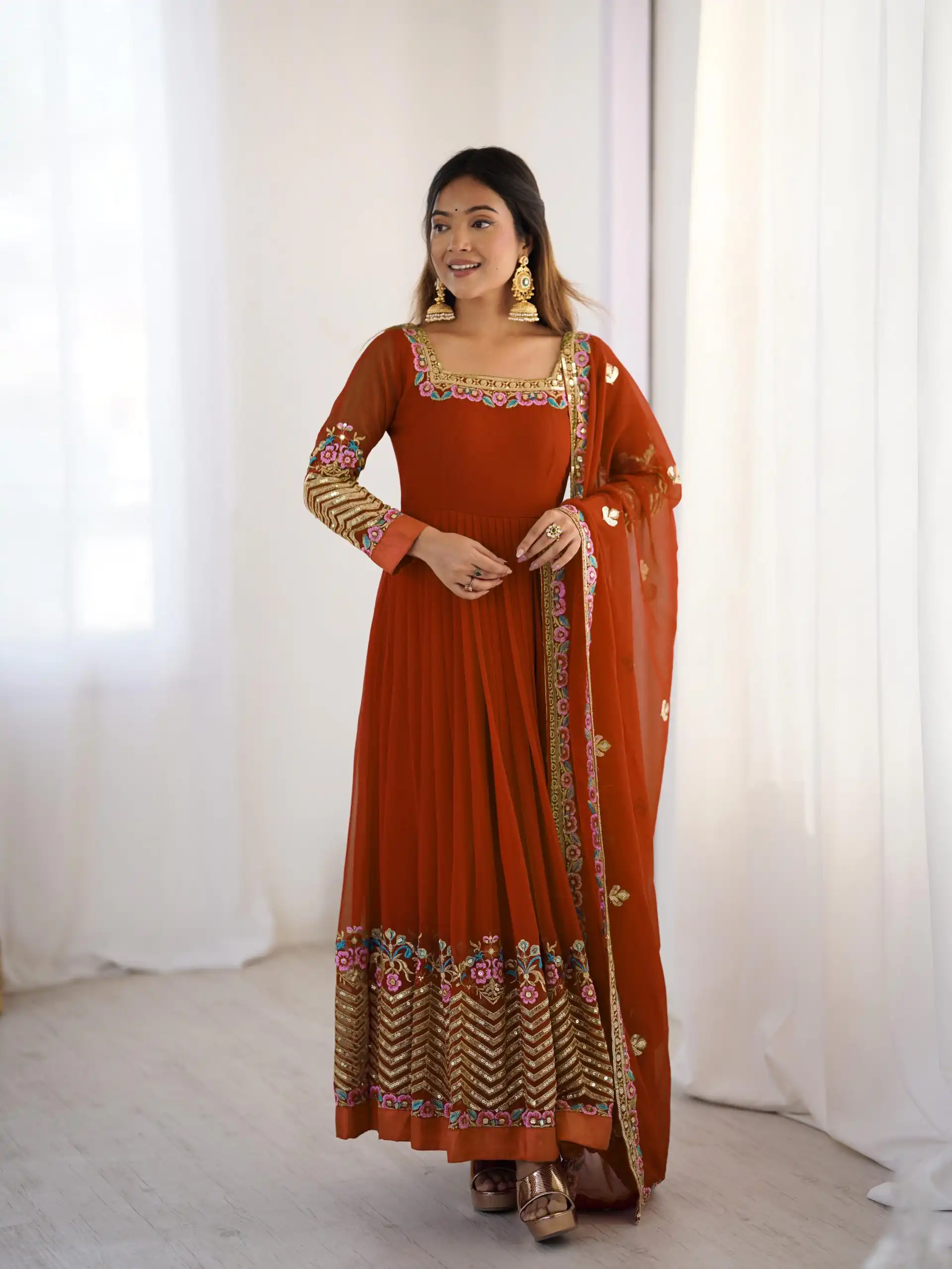 Rust Georgette Multi Thread Work Gown | Jump Suits, Salwar suit, Casual Suits, Creative suits, Designer Suits, Palazzo Suits, Party Wear Suits, Patiala Suits, Straight Suits