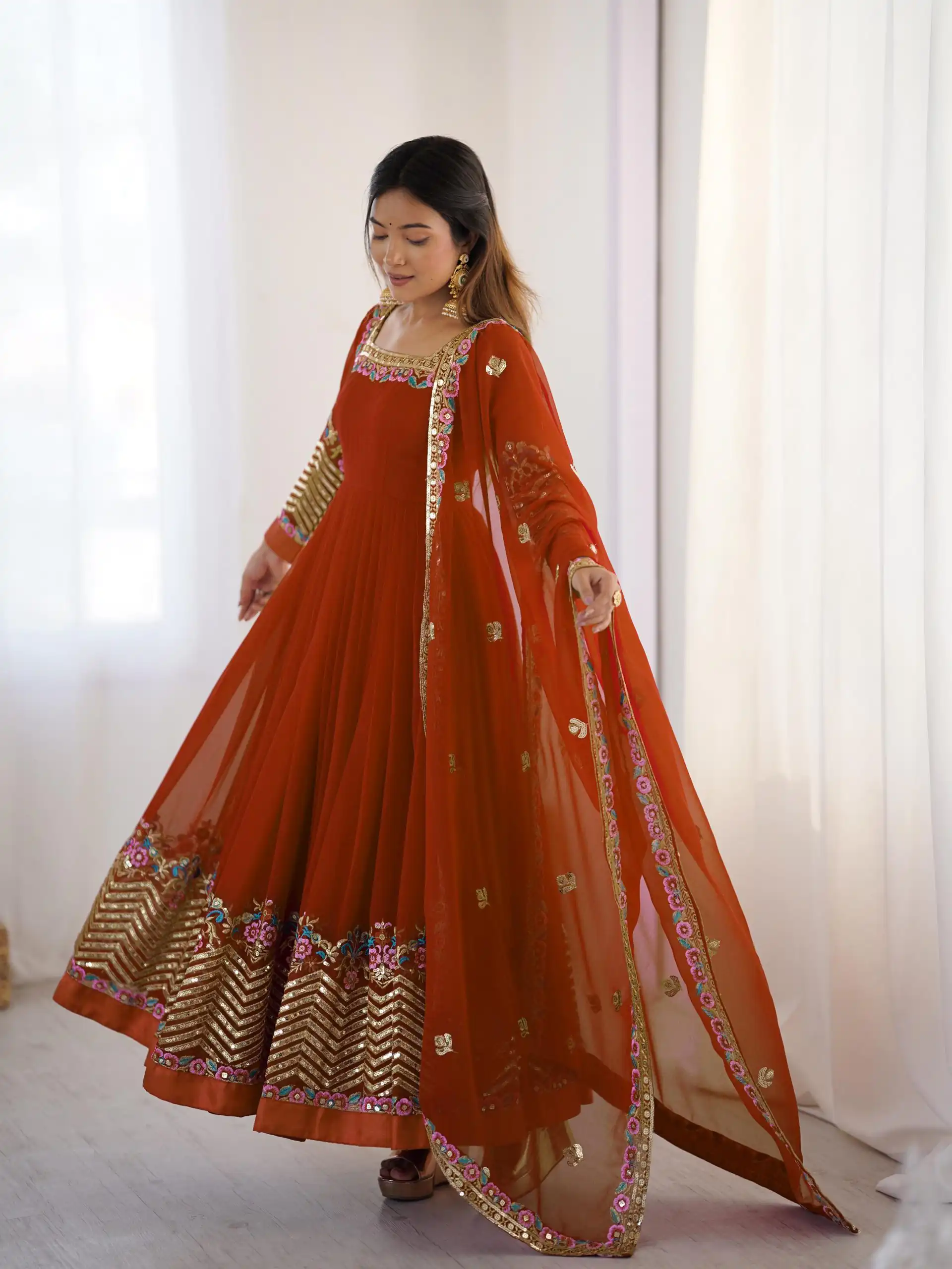 Rust Georgette Multi Thread Work Gown | Jump Suits, Salwar suit, Casual Suits, Creative suits, Designer Suits, Palazzo Suits, Party Wear Suits, Patiala Suits, Straight Suits