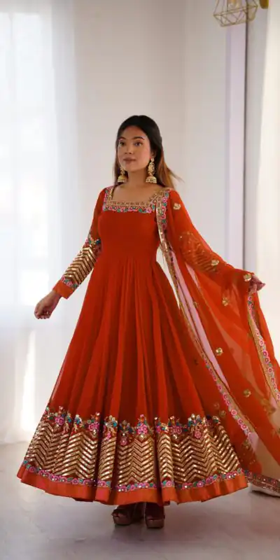 Rust Georgette Multi Thread Work Gown | Jump Suits, Salwar suit, Casual Suits, Creative suits, Designer Suits, Palazzo Suits, Party Wear Suits, Patiala Suits, Straight Suits