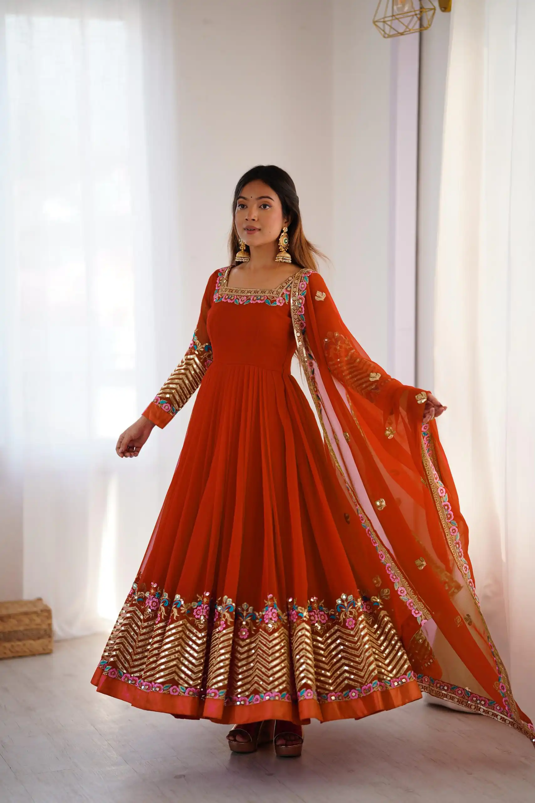Rust Georgette Multi Thread Work Gown | Jump Suits, Salwar suit, Casual Suits, Creative suits, Designer Suits, Palazzo Suits, Party Wear Suits, Patiala Suits, Straight Suits