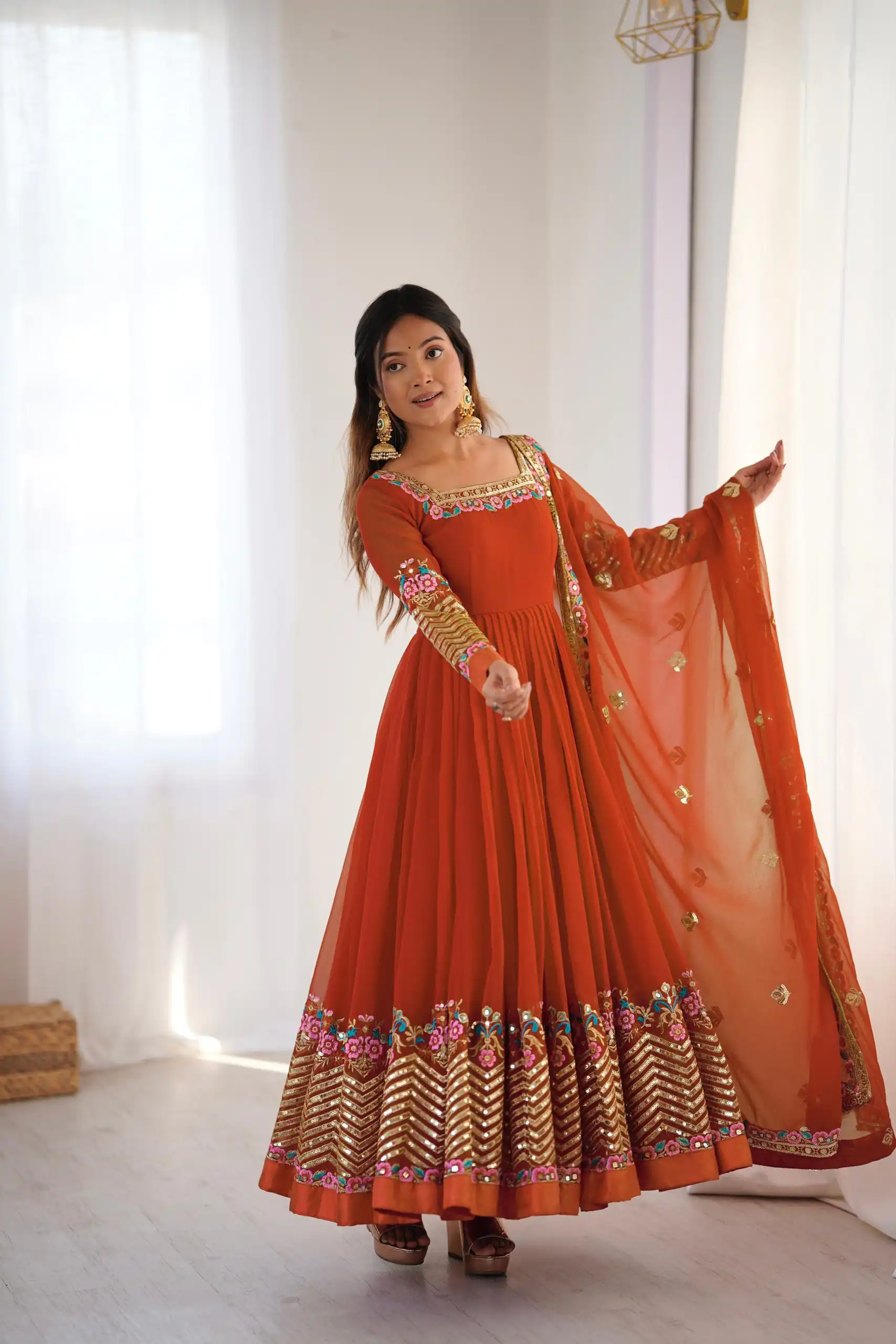 Rust Georgette Multi Thread Work Gown | Jump Suits, Salwar suit, Casual Suits, Creative suits, Designer Suits, Palazzo Suits, Party Wear Suits, Patiala Suits, Straight Suits