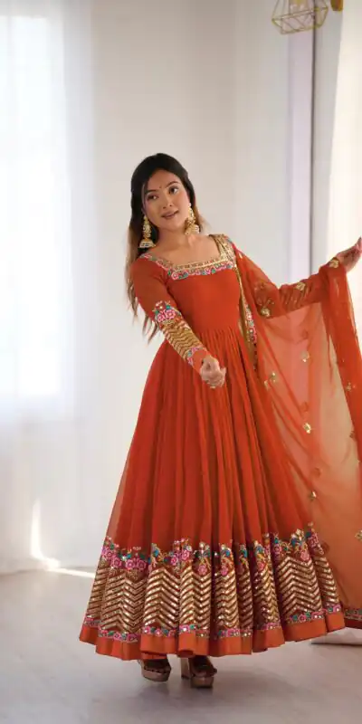Rust Georgette Multi Thread Work Gown | Jump Suits, Salwar suit, Casual Suits, Creative suits, Designer Suits, Palazzo Suits, Party Wear Suits, Patiala Suits, Straight Suits