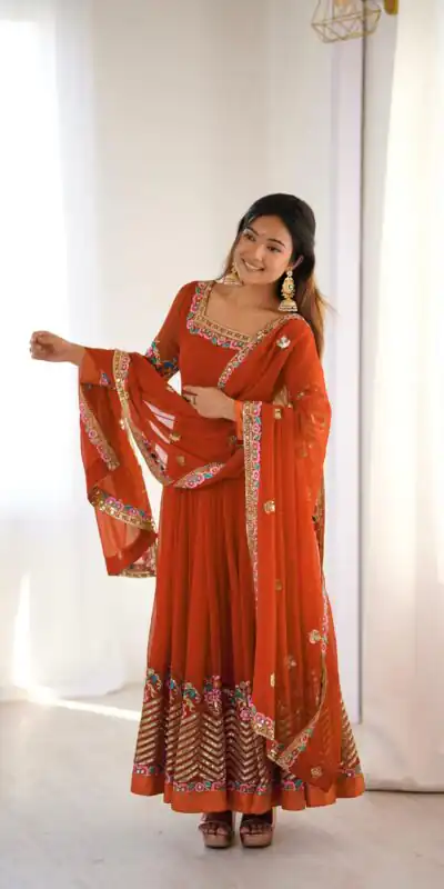 Rust Georgette Multi Thread Work Gown | Jump Suits, Salwar suit, Casual Suits, Creative suits, Designer Suits, Palazzo Suits, Party Wear Suits, Patiala Suits, Straight Suits
