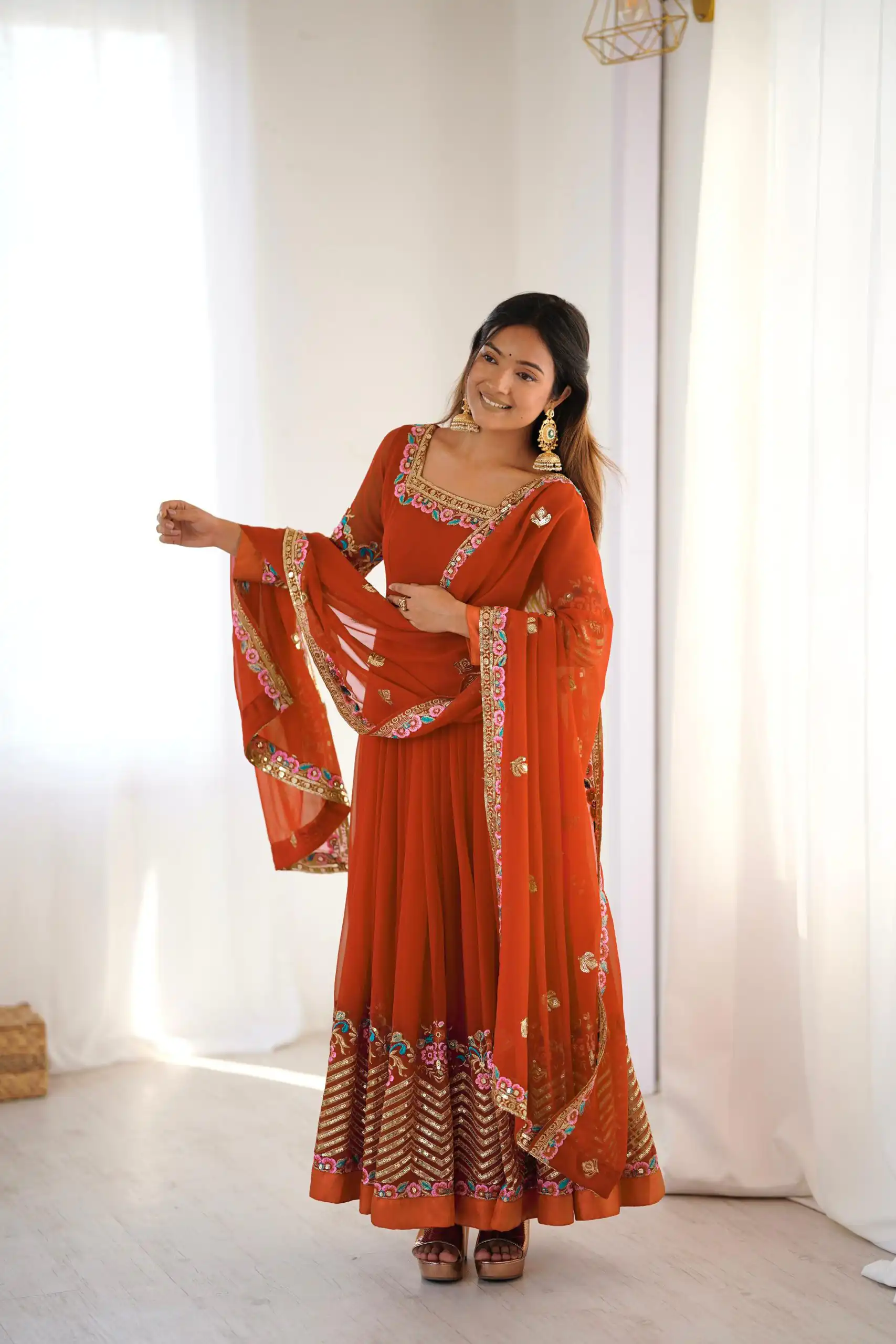 Rust Georgette Multi Thread Work Gown | Jump Suits, Salwar suit, Casual Suits, Creative suits, Designer Suits, Palazzo Suits, Party Wear Suits, Patiala Suits, Straight Suits