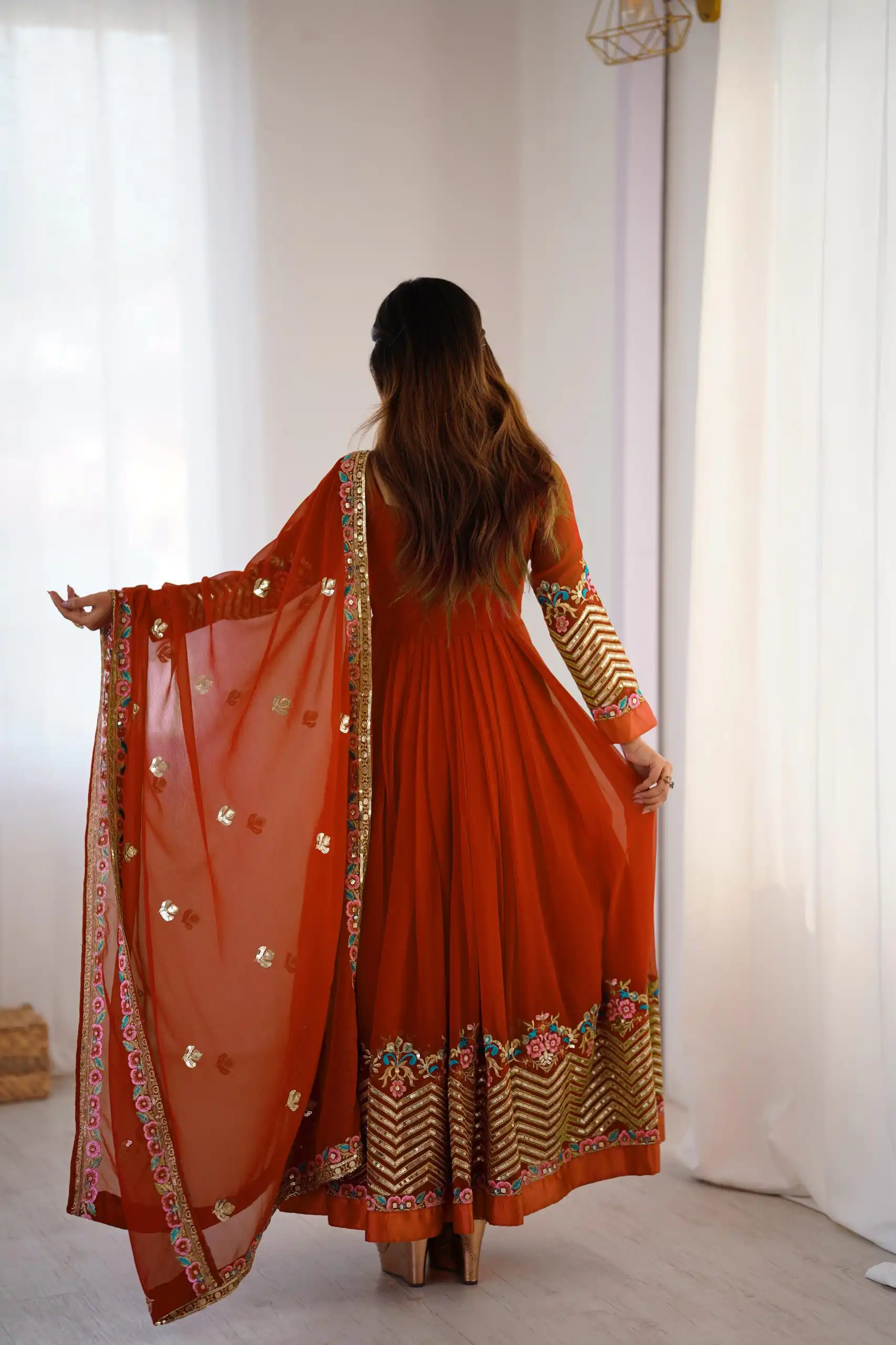 Rust Georgette Multi Thread Work Gown | Jump Suits, Salwar suit, Casual Suits, Creative suits, Designer Suits, Palazzo Suits, Party Wear Suits, Patiala Suits, Straight Suits